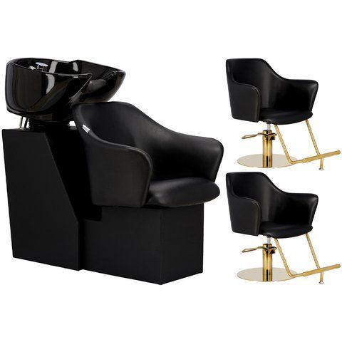 Комплект из парикмахерской передвижной мойки для волос Calissimo Avola Black с 2 поворотными креслами, смесителем и лейкой Черный ENZO-18389 фото