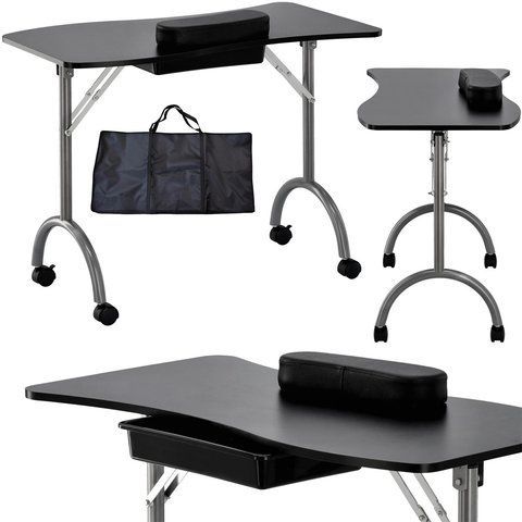Маникюрный стол 90 x 45 x 68 см с подлокотником, выдвижным ящиком Calissimo на колесиках и сумкой для салона красоты Черный ENZO-10657 фото