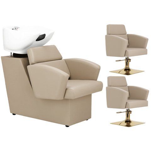 Комплект з перукарською керамічною мийкою для волосся Calissimo Lily 2-ма поворотними кріслами, змішувачем, лійкою Сіро-золотий ENZO-17432 фото