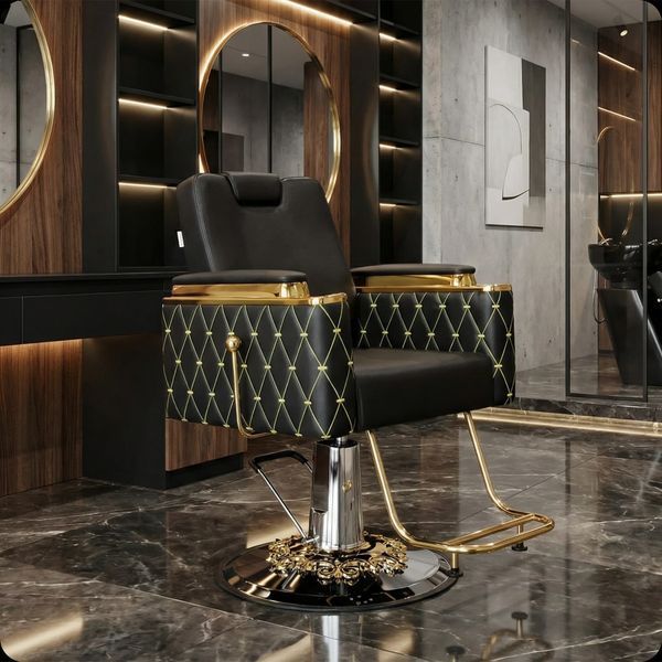Комфортне перукарське крісло Maverick Barberking з гідравлічним поворотом та підставкою для ніг Чорно-золотисте 3073025471 фото
