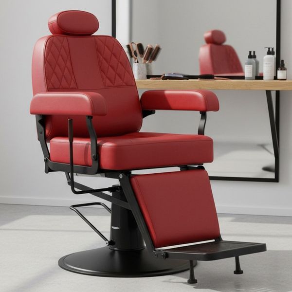 Парикмахерское гидравлическое кресло из эко-кожи с подставкой для ног Nestor BarberKing на круглой матовой базе Красный 3073025461 фото