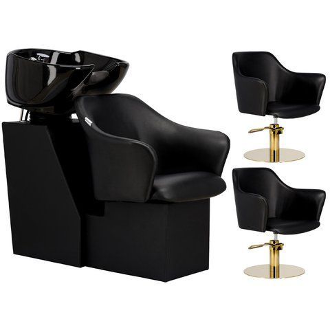 Комплект из парикмахерской передвижной мойки для волос Calissimo Avola Black с 2 поворотными креслами, смесителем и лейкой Черный ENZO-18467 фото