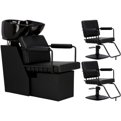 Парикмахерский комплект Comodo Black Calissimo с керамической мойкой из эко-кожи, 2 кресла, подставкой под ноги и смеситель Черный ENZO-23277 фото