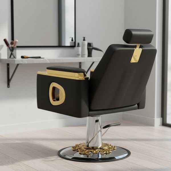 Перукарське крісло з гідравлічним поворотом Midas Barberking підголівником і без підставки для ніг Чорно-золотисте 3073025473 фото